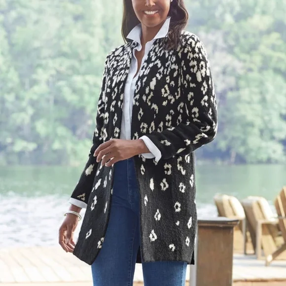 Talbots soft Open front leopard print black white cardigan sz large new - Picture 2 of 7